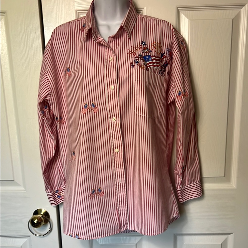 Red and White Striped Button-Up Shirt with Embroidery